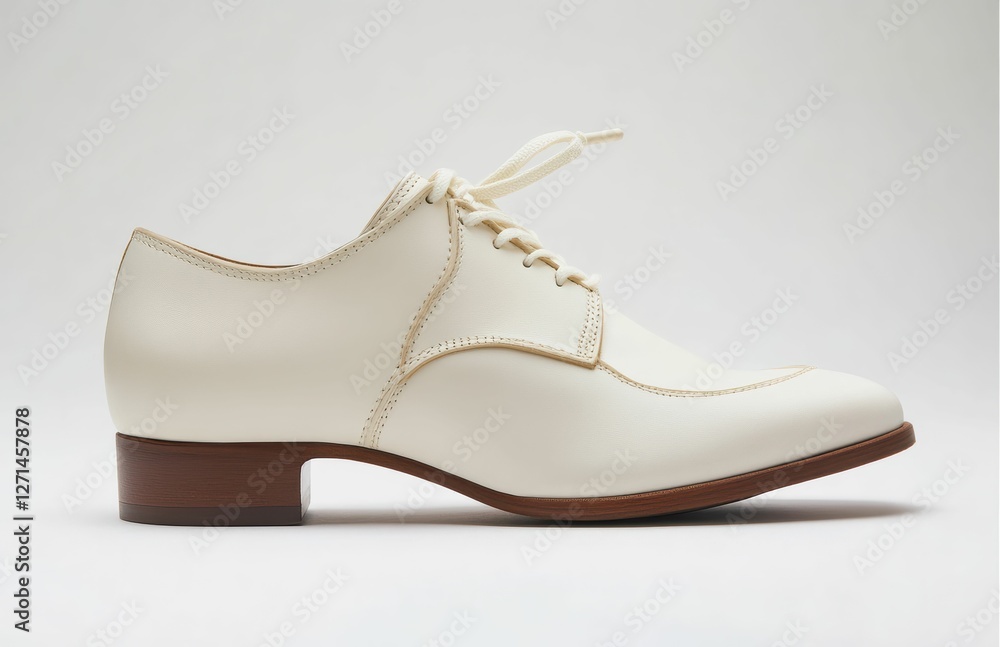 A glossy white beige shoe with fine stitching and a sophisticated design, shown in a side profile to emphasize its upscale appeal on the studio white background. A glossy white beige shoe with fine stitching and a sophisticated design, shown in a side profile to emphasize its upscale appeal on the studio white background.