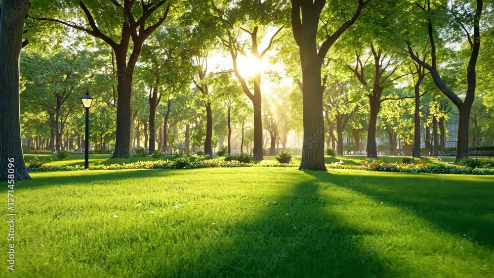 Sunset beams through trees in park, HD motorized time lapse clip, high dynamic range imaging Sunset beams through trees in park, HD motorized time lapse clip, high dynamic range imaging