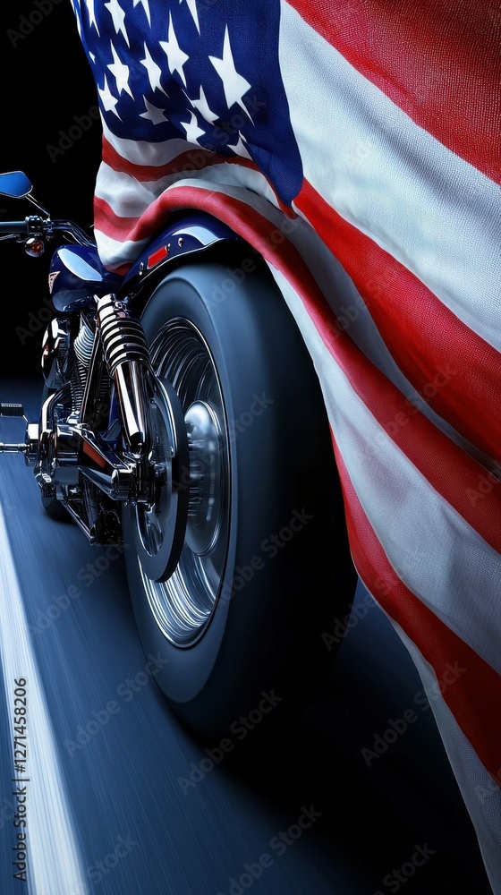 Naklejka premium Motorcycle with American Flag Waving Freedom on the Open Road Patriotism Symbolic Journey