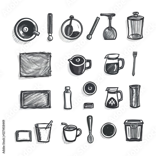 Vector illustration of food and coffee icons in chalk, crayon drawing style. Hand draw la dolce vita breakfast doodles. Minimalist line art. Illustration for invitations, menus design, social media