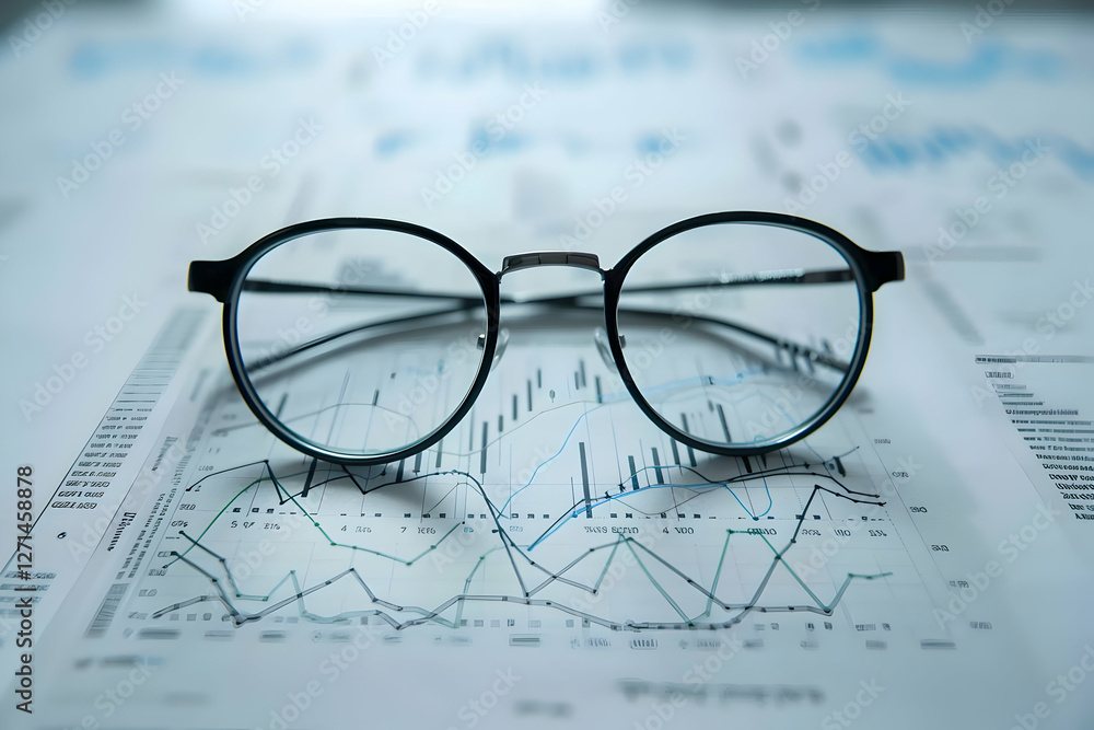 Glasses resting on financial charts and graphs, illustrating data analysis and trends Glasses resting on financial charts and graphs, illustrating data analysis and trends