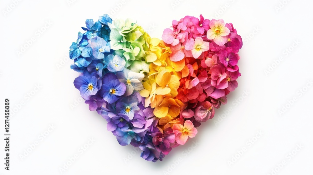 Rainbow color heart made of flowers isolated on white background. This illustration represents concept of love for LGBTQ, gay, lesbian, pride and bisexsual. Digital illustration generative AI. Rainbow color heart made of flowers isolated on white background. This illustration represents concept of love for LGBTQ, gay, lesbian, pride and bisexsual. Digital illustration generative AI.