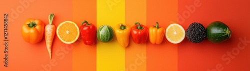 Showcasing organic fruits and vegetables kitchen table artistic flat lay vibrant colors aesthetic concept