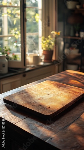 Wooden cutting board illuminated by sunlight near window in cozy kitchen setting