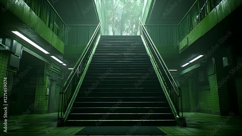 Fototapeta premium Dark Green Illuminated Stairwell Interior