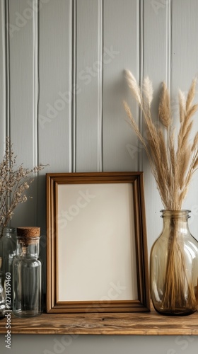 Stylish home decor with dried flowers and empty frame on shelf