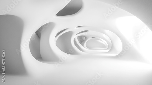 3D render of a white curve empty room with a wall background.