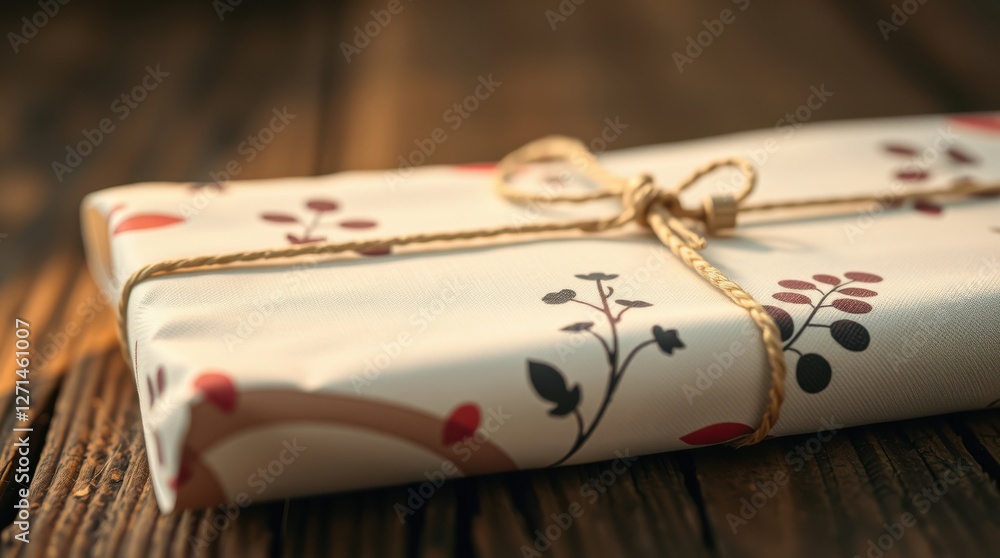 Gift wrapped in patterned paper with tied twine on a rustic wooden surface. Celebration and thoughtfulness. Gift wrapped in patterned paper with tied twine on a rustic wooden surface. Celebration and thoughtfulness.