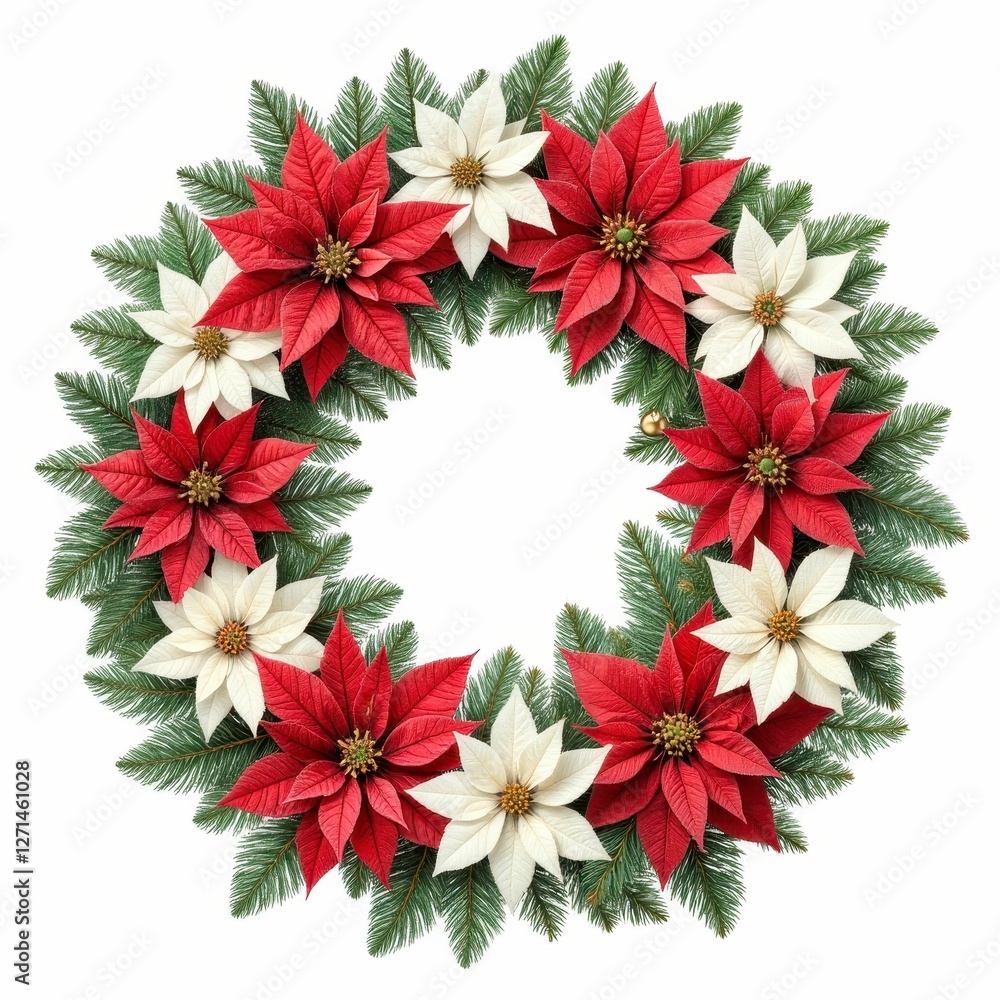Festive Christmas Poinsettia Wreath Holiday Decoration with Evergreen Spruce Branches Arrangement Festive Christmas Poinsettia Wreath Holiday Decoration with Evergreen Spruce Branches Arrangement