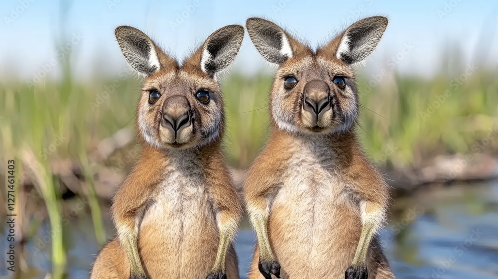 Fototapeta premium Two kangaroos in a marshy area, facing forward, looking directly at the camera. Possible use wildlife photography