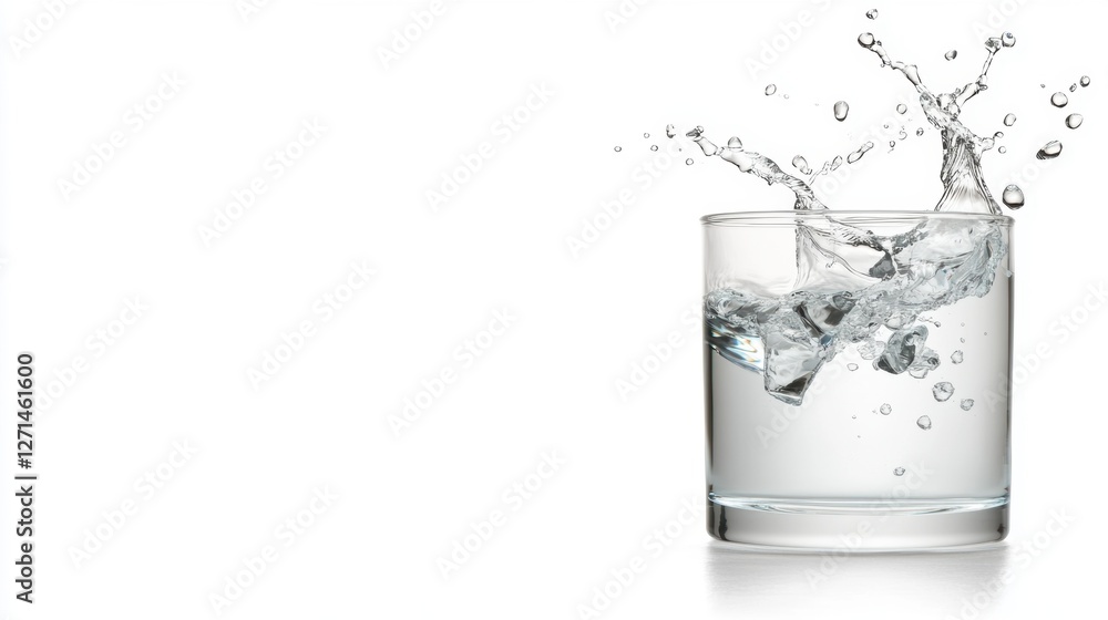 Refreshing splash of water in glass with ice cubes on white background Refreshing splash of water in glass with ice cubes on white background