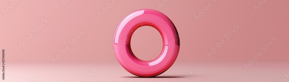 A shiny, pink ring-shaped object stands against a soft pink background, offering a playful and modern aesthetic. A shiny, pink ring-shaped object stands against a soft pink background, offering a playful and modern aesthetic.