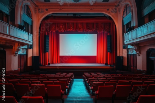 Empty theater with red curtains and a blank screen ready for a performance at...