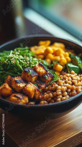 Healthy bowl with grilled tofu, chickpeas, and fresh greens on a wooden table