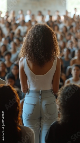 Crowd listening to speaker during engaging presentation in a large auditorium...