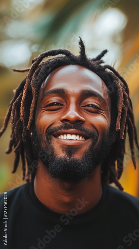 Smiling man with dreadlocks enjoying a sunny day outdoors in a natural setting