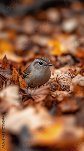Small bird hiding among colorful autumn leaves in a forest setting