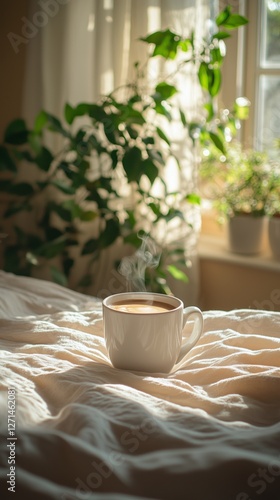 Warm cup of coffee on cozy bed with soft blankets and sunlight filtering thro...