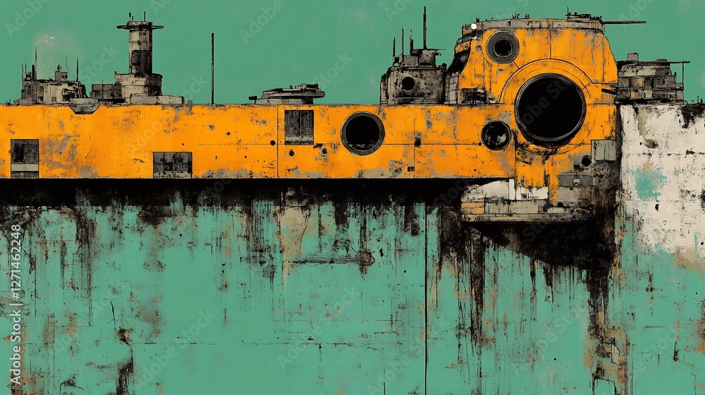 Rusty orange vessel dramatically rests against teal textured wall post apocalyptic scene. AI Generated Rusty orange vessel dramatically rests against teal textured wall post apocalyptic scene. AI Generated