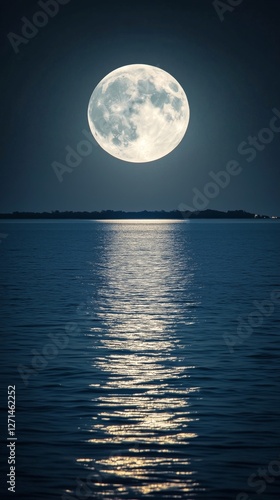 Majestic full moon reflecting over calm water at night near the shoreline