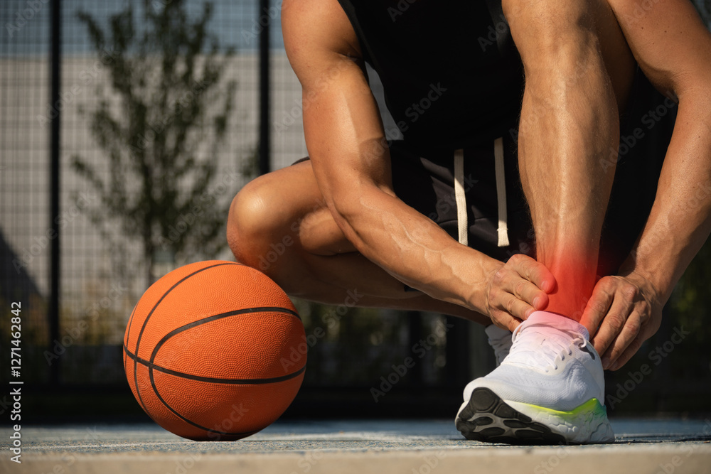 Basketball ankle injury or pain. Basketball player check legs after workout of sport stadium. Professional athlete or sportsman with accident. Man check pain in leg after sport workout.