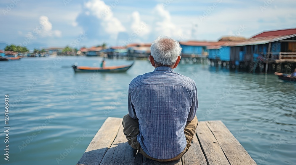 An elderly man watches boats glide by while sitting on a wooden pier near vibrant coastal homes An elderly man watches boats glide by while sitting on a wooden pier near vibrant coastal homes