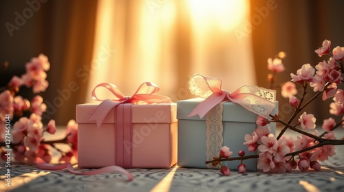 Two pretty gift boxes adorned with pink and lace ribbons, nestled among delicate pink blossoms.