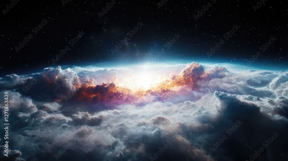 Obraz premium Sunrise above clouds, Earth from space, cosmic view, atmospheric glow, background for science fiction