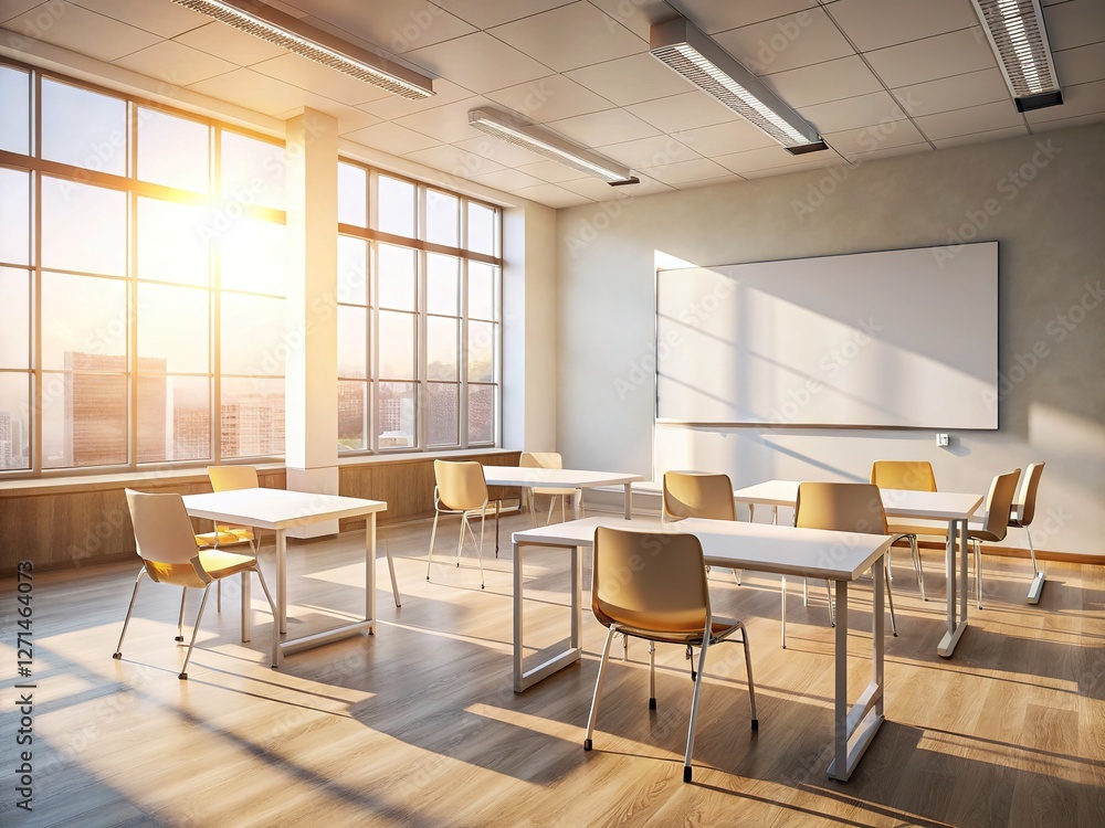 Fototapeta premium Blank whiteboard, empty classroom, surreal education scene.