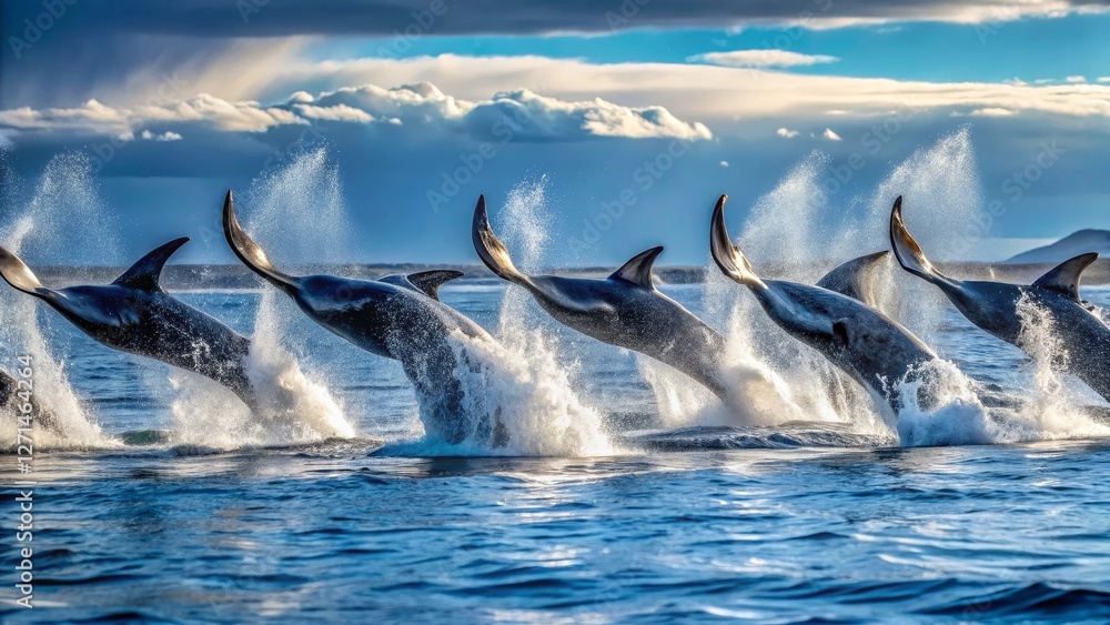 Fototapeta premium A pod of sleek, dark marine mammals breaches the ocean surface in a synchronized display of aquatic acrobatics, creating a breathtaking spectacle of nature's power and grace under a dramatic sky.