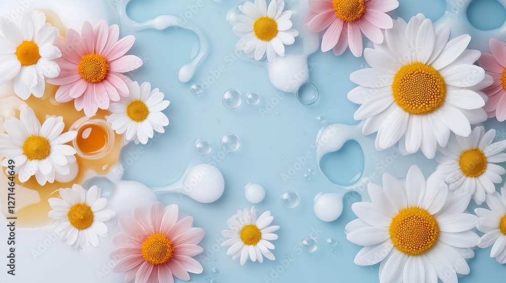 Obraz premium Blue background with a bunch of flowers on it. Minimalistic background.