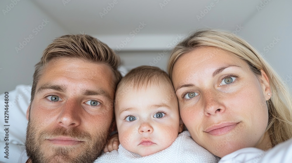 Happy family selfie, baby in bed, parents' faces close, bedroom background Happy family selfie, baby in bed, parents' faces close, bedroom background
