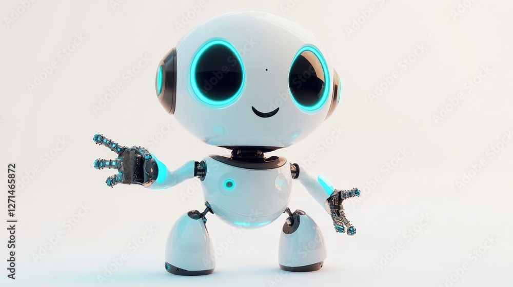 Cute white robot with glowing blue eyes and hands, waving. Cute white robot with glowing blue eyes and hands, waving.