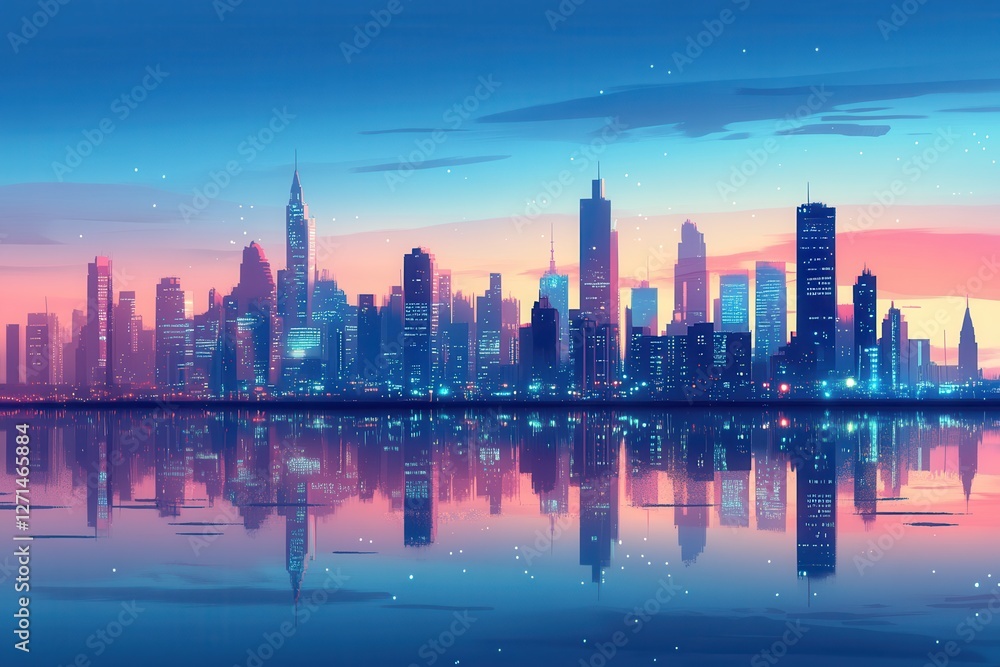 A sleek urban skyline at dusk, with the silhouettes of iconic buildings and the soft glow of city lights reflecting on the water, A sleek urban skyline at dusk, with the silhouettes of iconic buildings and the soft glow of city lights reflecting on the water,