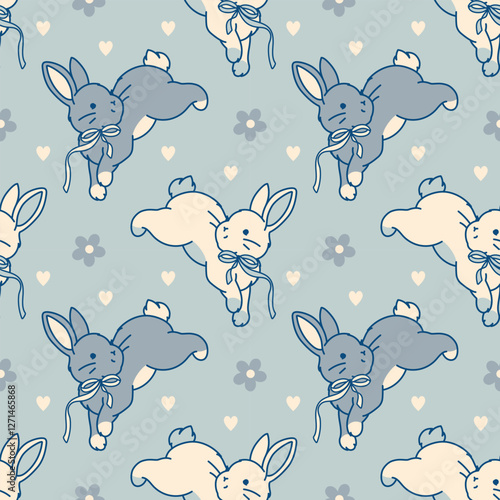 Spring seamless pattern featuring playful bunnies with coquette ribbon bows. Muted pastel blue hue. Delicate, serene design for baby apparel, nursery products, cozy backgrounds