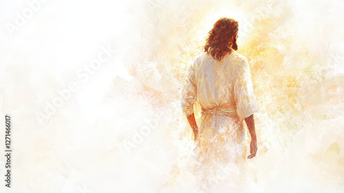 A symbolic image of Jesus Christ walking into divine golden light, representing faith, hope, and eternity

