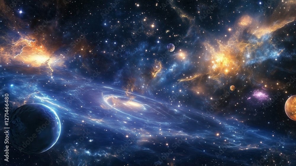 Obraz premium A mesmerizing blue galaxy stretches across the cosmos, with twinkling stars and planets glowing in vibrant shades of orange, yellow, and purple.