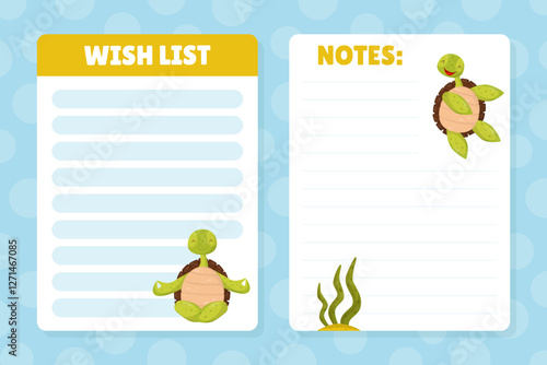 Cute Turtle Wish List with Funny Animal Vector Template