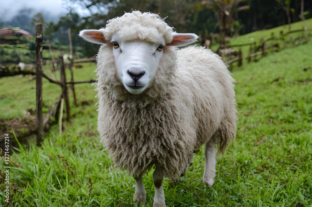 Fluffy sheep in the cool peaks with thick and pure white fur roam the green fields of Cameron Highlands, enjoying the fresh air while nibbling on fresh grass Fluffy sheep in the cool peaks with thick and pure white fur roam the green fields of Cameron Highlands, enjoying the fresh air while nibbling on fresh grass