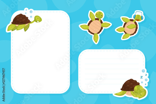 Cute Turtle Note Card with Funny Animal Vector Template