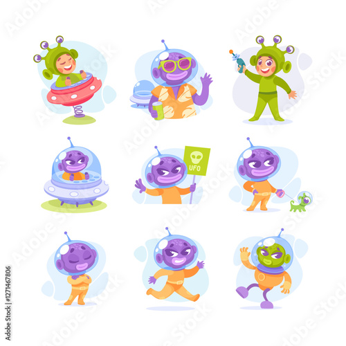 Ufo and Alien Character in Spacesuit and Shuttle Vector Set