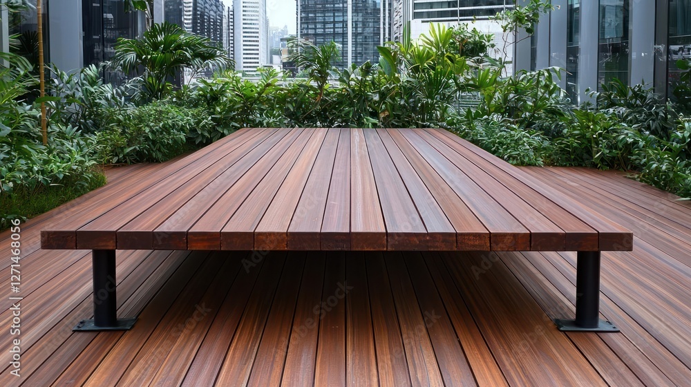 Long Brown Wooden Bench on a City Rooftop Deck Long Brown Wooden Bench on a City Rooftop Deck
