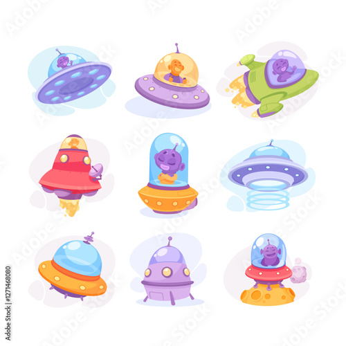 Ufo and Alien Character in Spaceship or Shuttle Vector Set