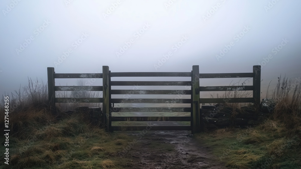 A wooden gate stands alone in a rural landscape, shrouded in dense fog that swirls mysteriously around its worn frame. A wooden gate stands alone in a rural landscape, shrouded in dense fog that swirls mysteriously around its worn frame.
