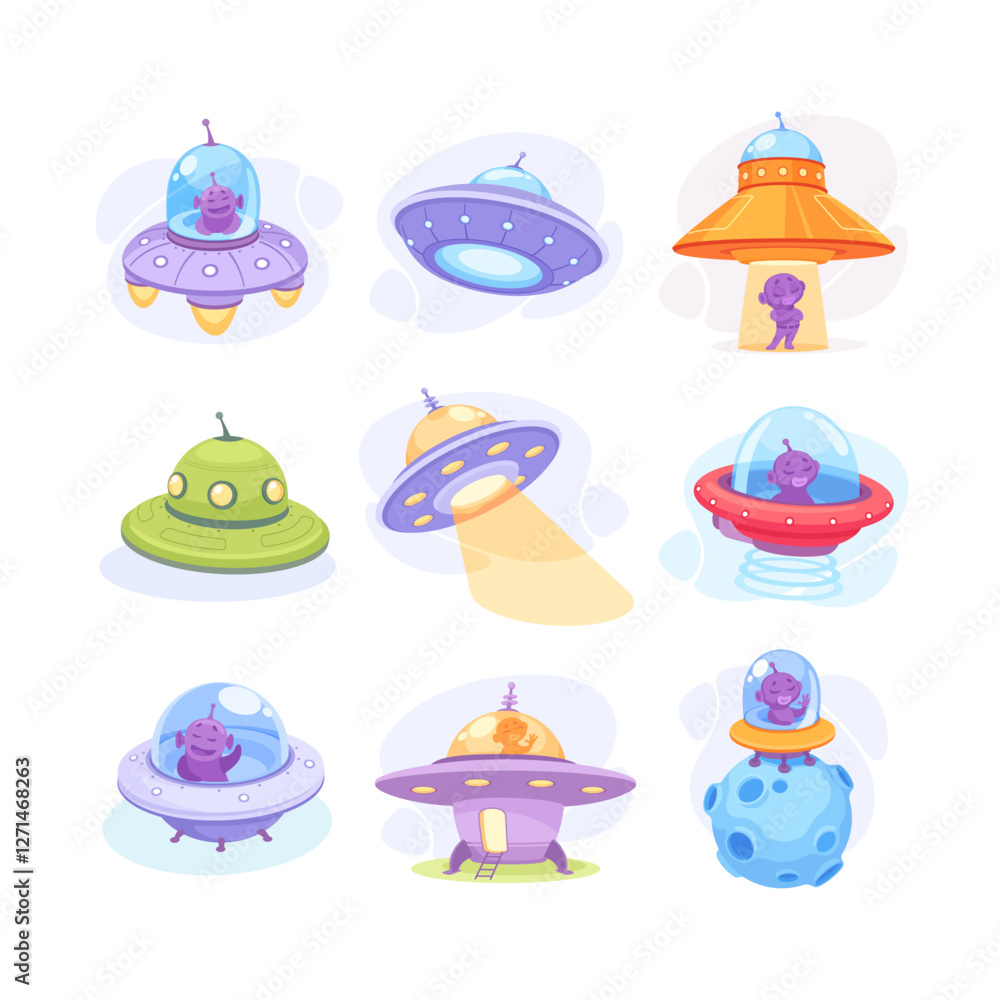 Fototapeta premium Alien Character in Ufo Shuttle and Spaceship Vector Illustration Set