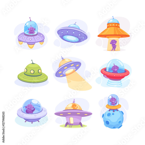 Alien Character in Ufo Shuttle and Spaceship Vector Illustration Set