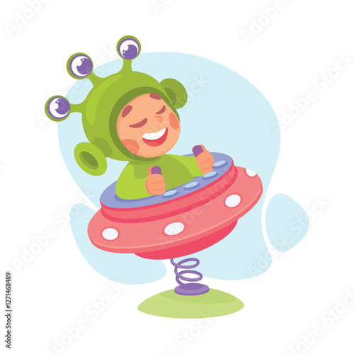 Boy Character in Ufo Shuttle Playing Alien Vector Illustration