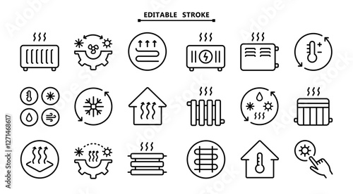 HVAC icons set. Editable stroke. Commercial services. Heating and cooling system. Air conditioning. Isolated vector illustrations
