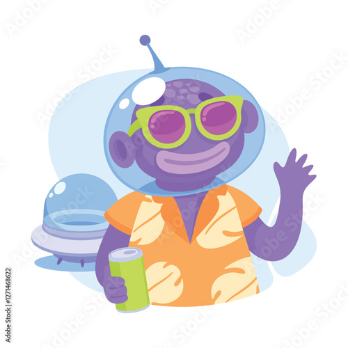 Purple Alien Character in Helmet Wave Hand Vector Illustration