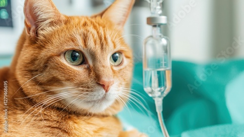 Emergency pet healthcare services. Cat receiving veterinary care with IV drip in a clinical setting.